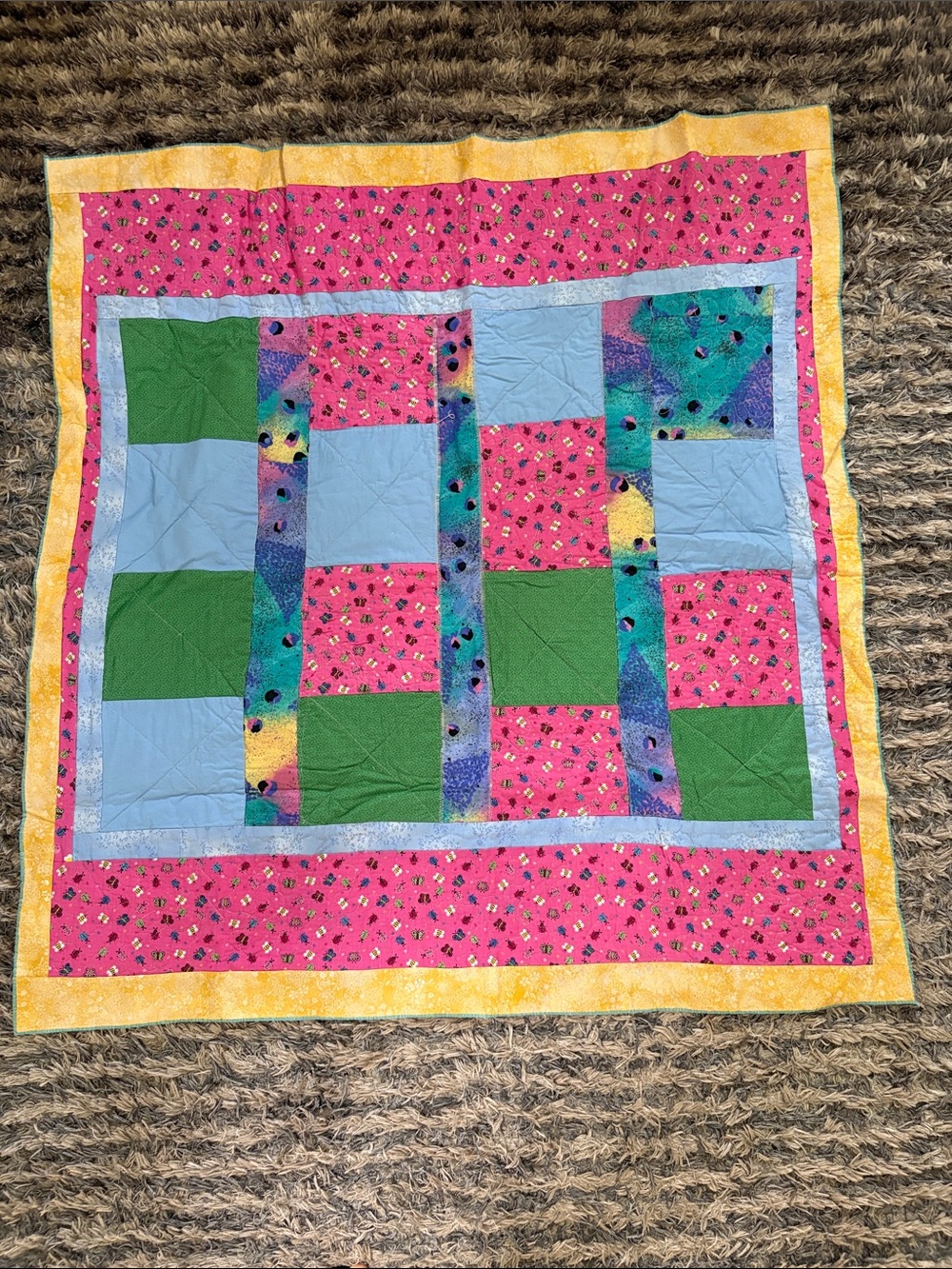 Handmade Colorful Patchwork Baby Quilt - Pink, Green, Light Blue, Yellow